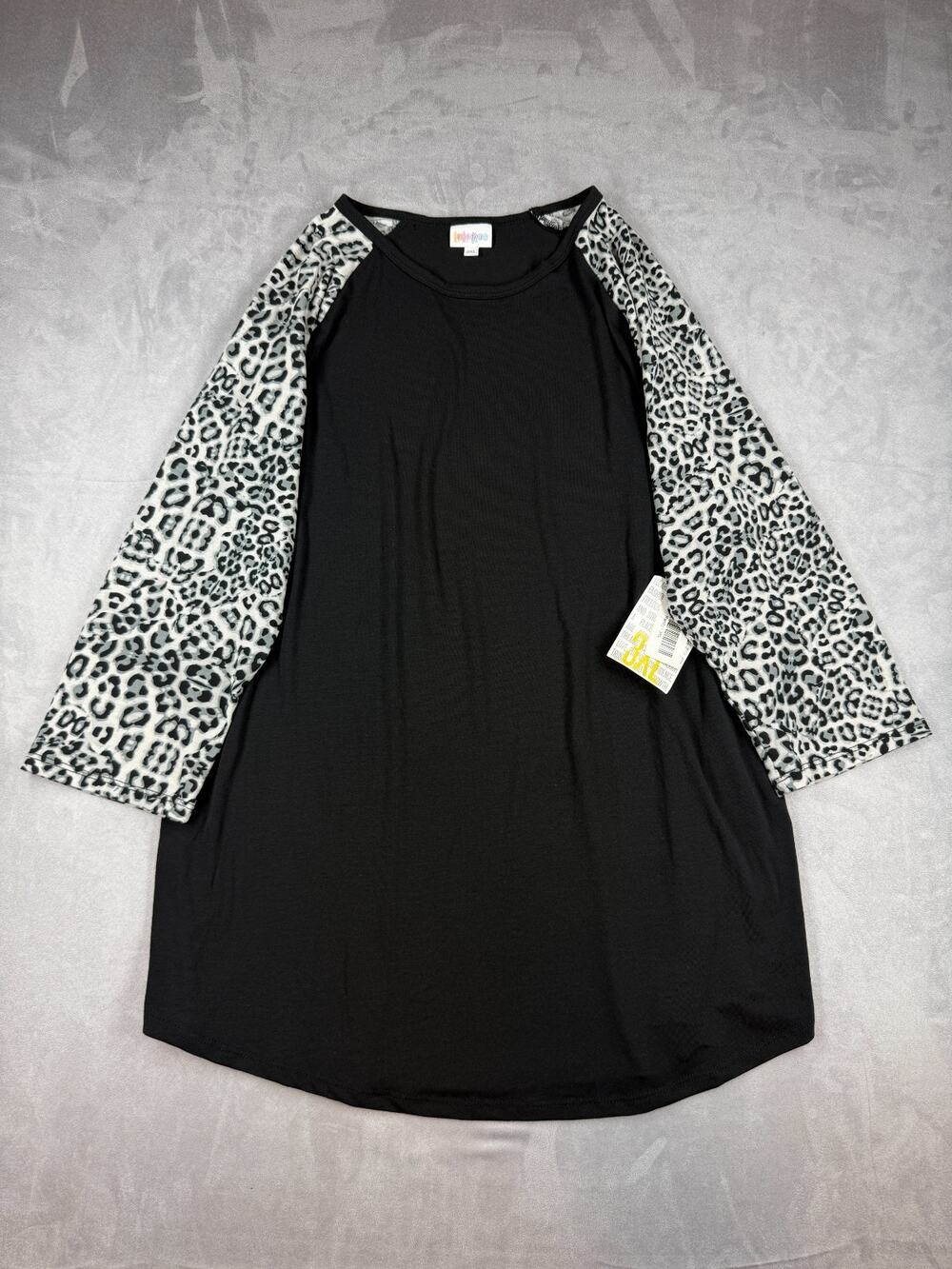 Lularoe Randy Top Womens 3XL Black Wt Gray Leopard Print Raglan Sleeve Tunic NWT